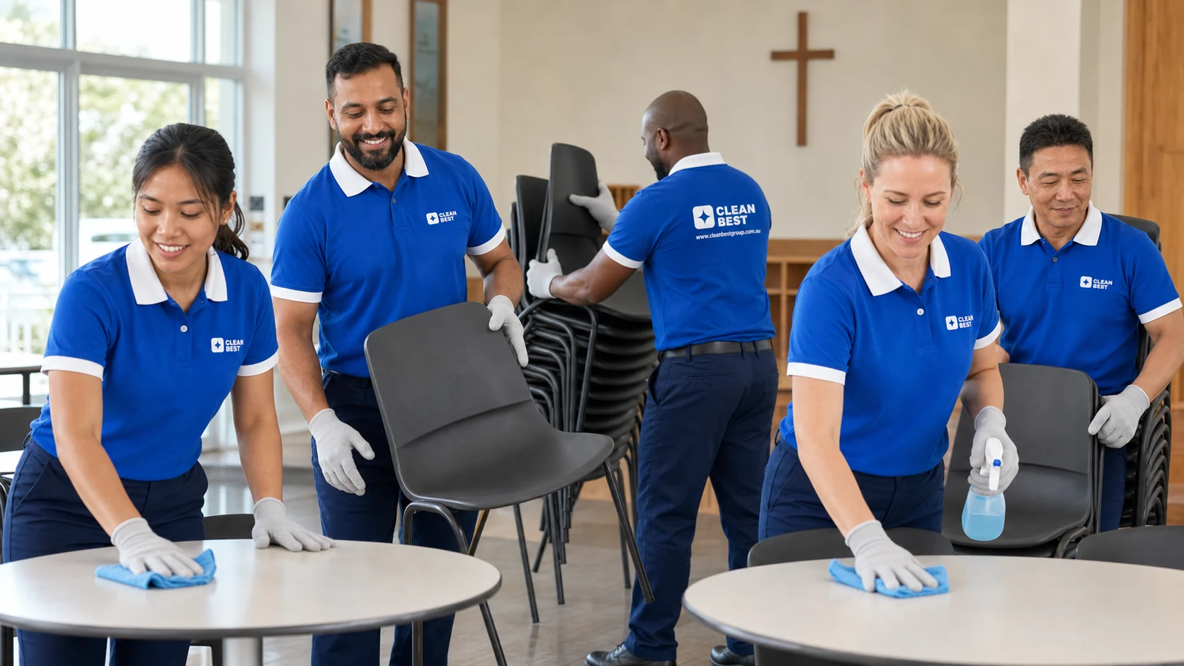 Clean Best cleaner vacuuming between rows of seating in a Castle Hill place of worship in NSW
